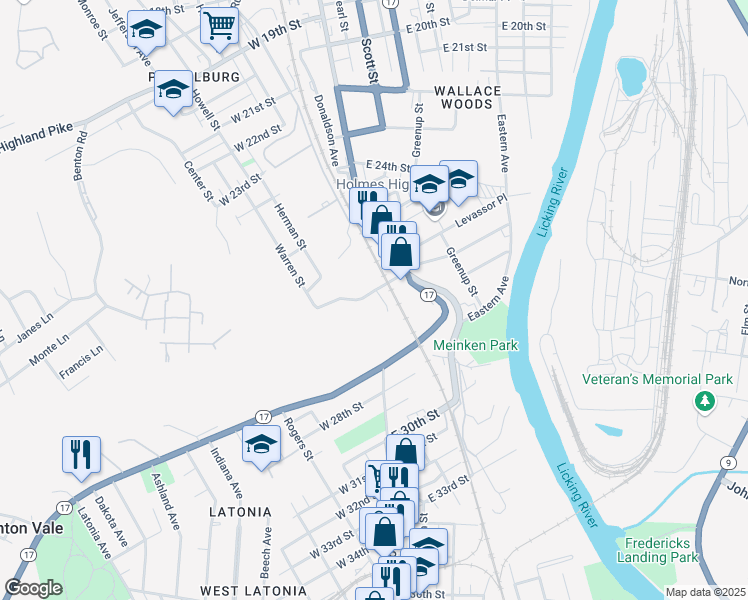 map of restaurants, bars, coffee shops, grocery stores, and more near 41 West 26th Street in Covington