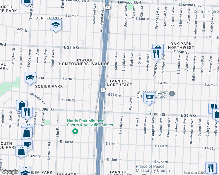 map of restaurants, bars, coffee shops, grocery stores, and more near 2000 East 38th Street in Kansas City