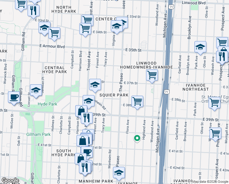 map of restaurants, bars, coffee shops, grocery stores, and more near 3722 The Paseo in Kansas City