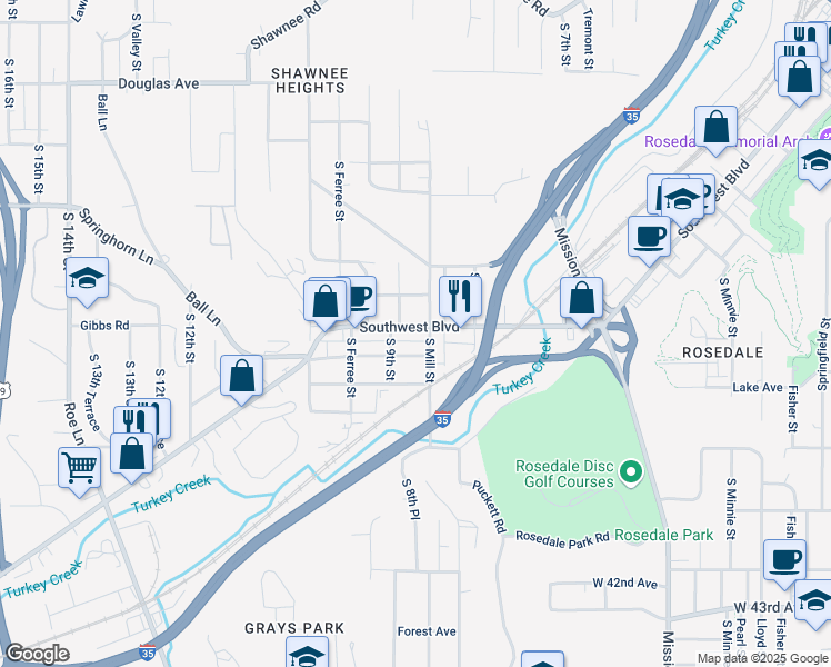 map of restaurants, bars, coffee shops, grocery stores, and more near 2402 South Mill Street in Kansas City
