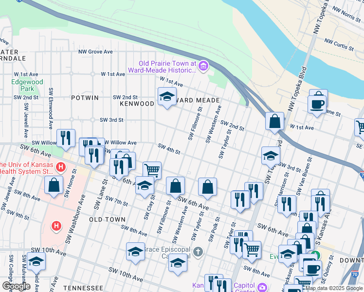 map of restaurants, bars, coffee shops, grocery stores, and more near 323 Southwest Fillmore Street in Topeka