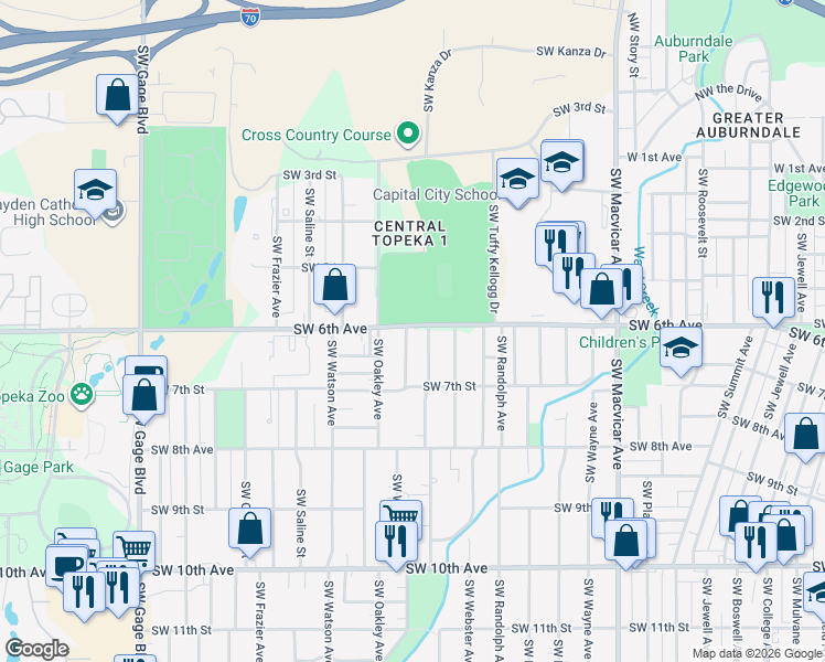 map of restaurants, bars, coffee shops, grocery stores, and more near 601 Southwest Vesper Avenue in Topeka