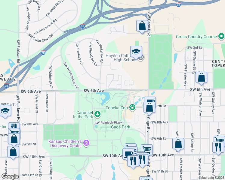 map of restaurants, bars, coffee shops, grocery stores, and more near 4154 Southwest 6th Avenue in Topeka