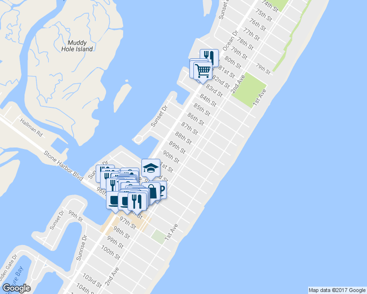 map of restaurants, bars, coffee shops, grocery stores, and more near 244 89th Street in Stone Harbor