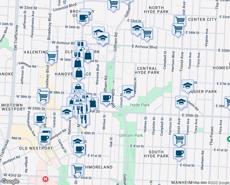 map of restaurants, bars, coffee shops, grocery stores, and more near 3745 Gillham Road in Kansas City