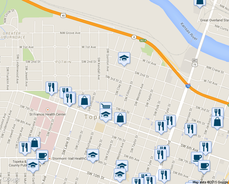 map of restaurants, bars, coffee shops, grocery stores, and more near 335 SW Clay St in Topeka