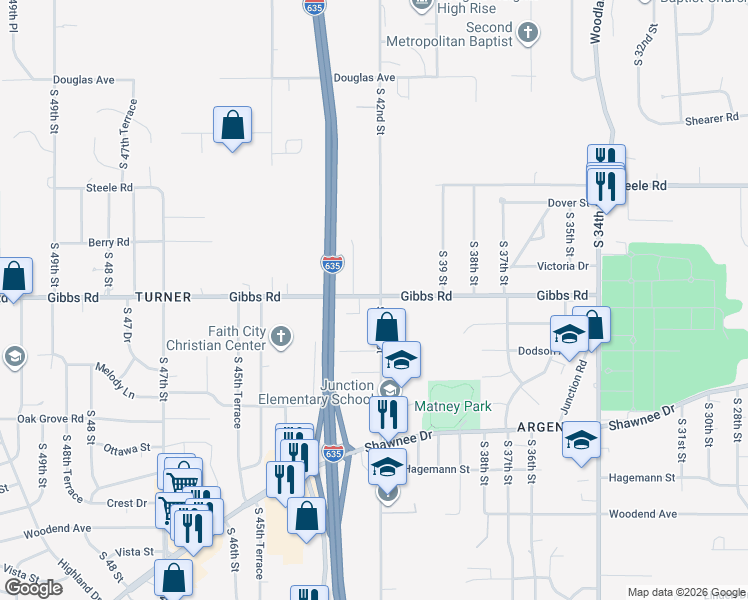 map of restaurants, bars, coffee shops, grocery stores, and more near 2400 South 42nd Street in Kansas City