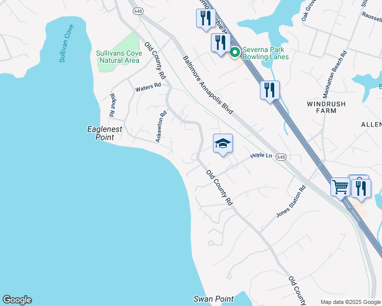 map of restaurants, bars, coffee shops, grocery stores, and more near 632 Old County Road in Severna Park