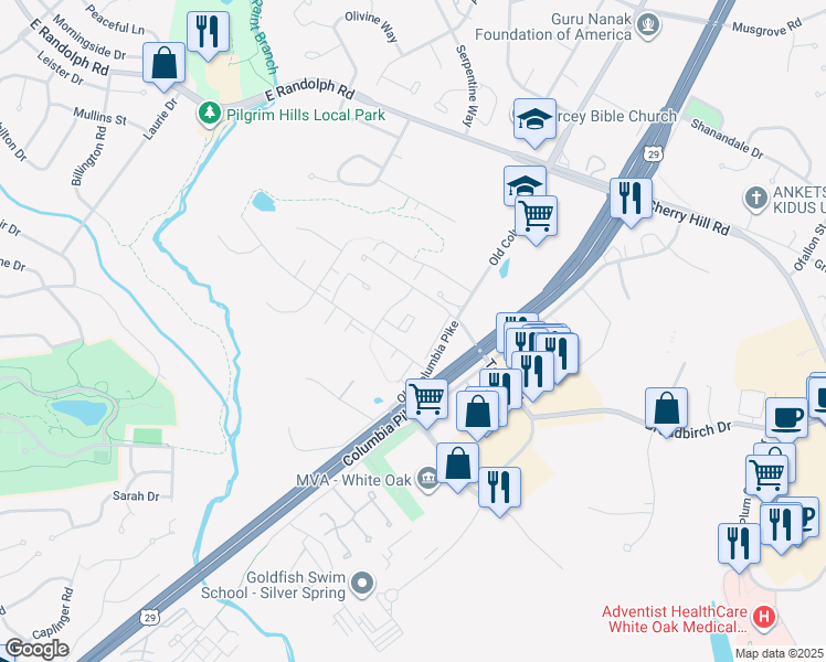 map of restaurants, bars, coffee shops, grocery stores, and more near 11 Featherwood Court in Silver Spring