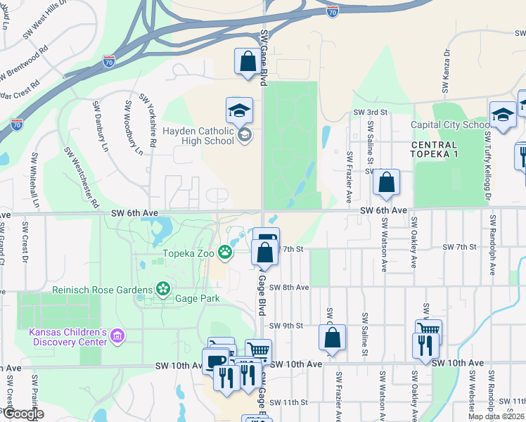 map of restaurants, bars, coffee shops, grocery stores, and more near SW Gage Blvd & SW 6th Ave in Topeka