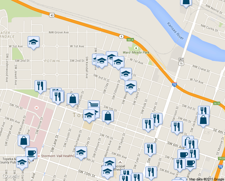 map of restaurants, bars, coffee shops, grocery stores, and more near 323 SW Fillmore St in Topeka