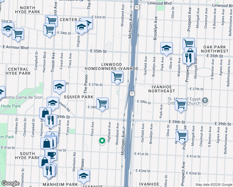 map of restaurants, bars, coffee shops, grocery stores, and more near 3726 Woodland Ave in Kansas City