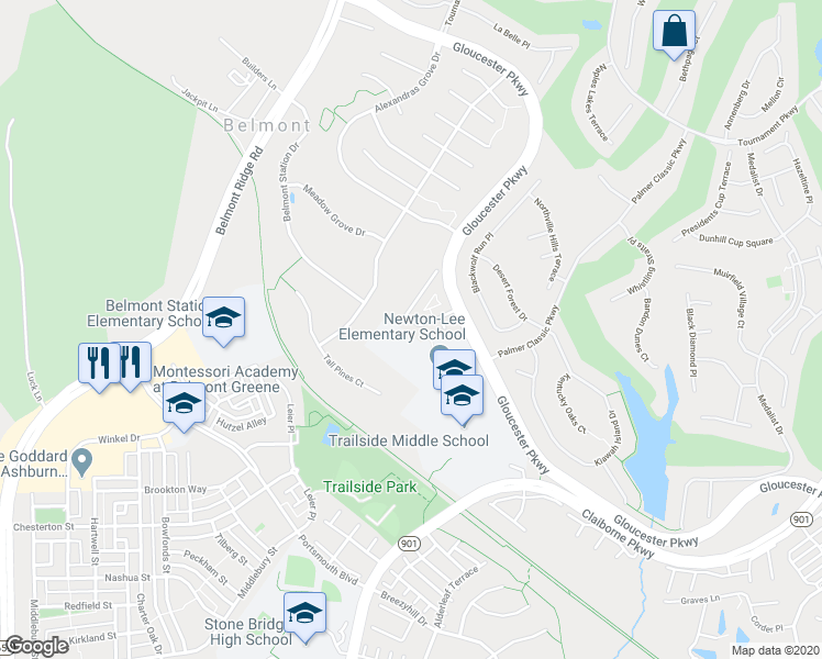 map of restaurants, bars, coffee shops, grocery stores, and more near 43261 Morven Square in Ashburn