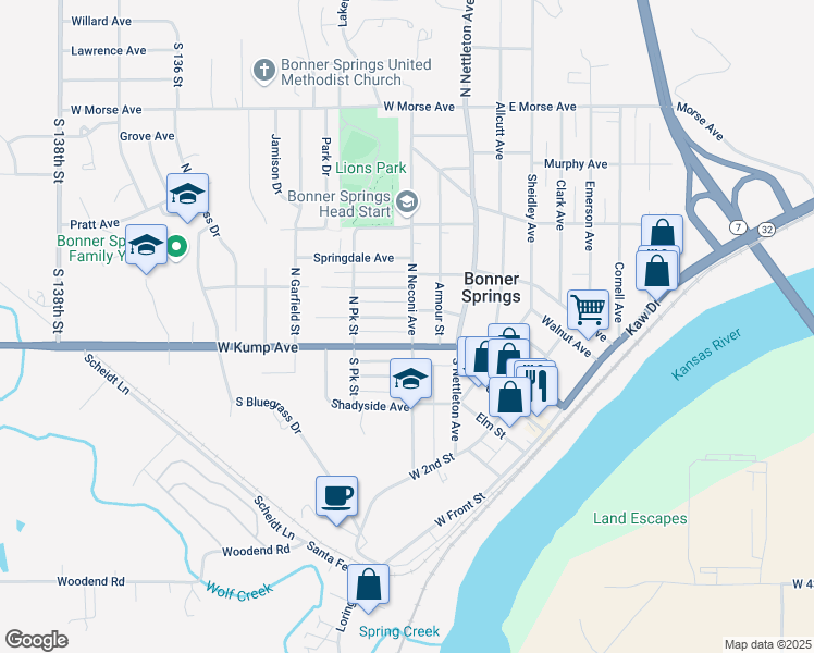 map of restaurants, bars, coffee shops, grocery stores, and more near 200 Highview Avenue in Bonner Springs