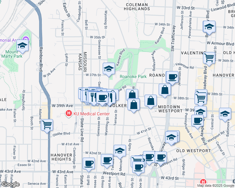 map of restaurants, bars, coffee shops, grocery stores, and more near 3801 Terrace Street in Kansas City