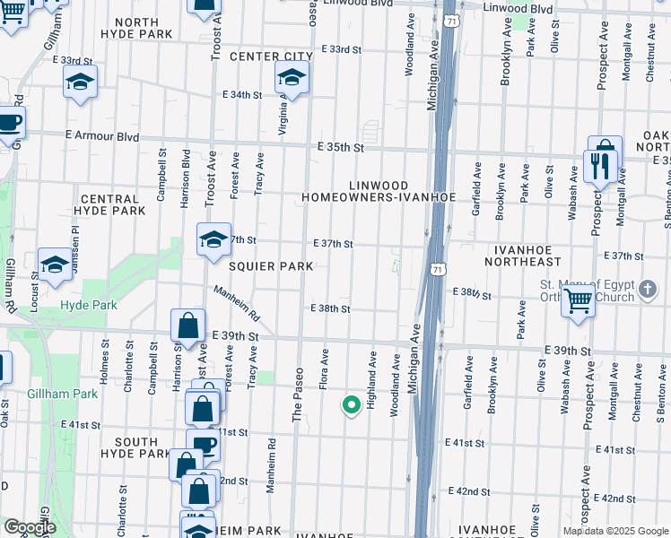 map of restaurants, bars, coffee shops, grocery stores, and more near 3723 Flora Avenue in Kansas City