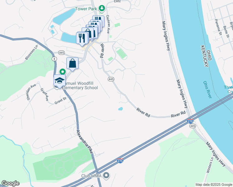 map of restaurants, bars, coffee shops, grocery stores, and more near 361 River Road in Fort Thomas