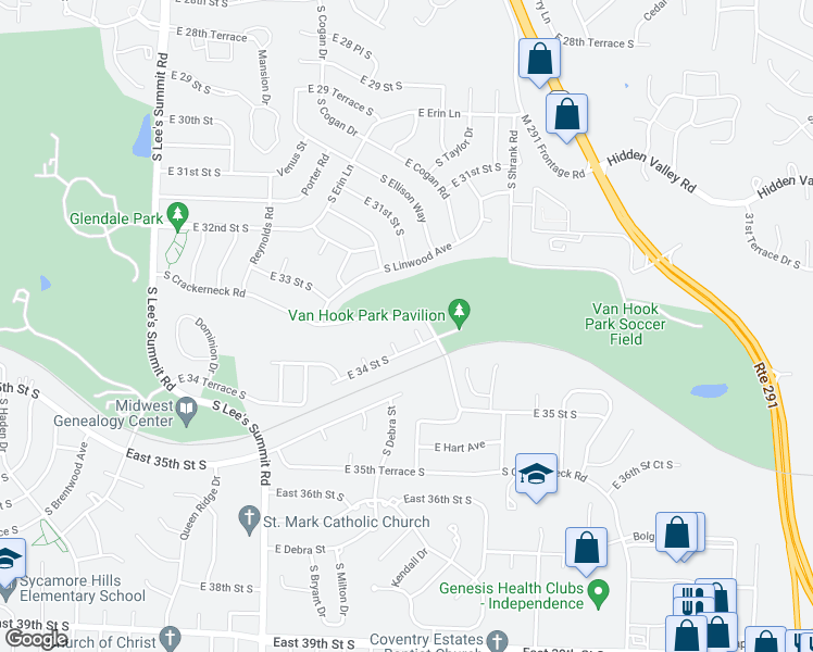 map of restaurants, bars, coffee shops, grocery stores, and more near 3384 South Peck Circle in Independence