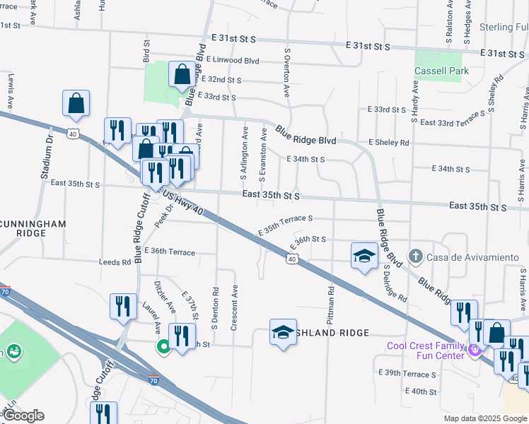 map of restaurants, bars, coffee shops, grocery stores, and more near 9701 East 35th Street South in Independence