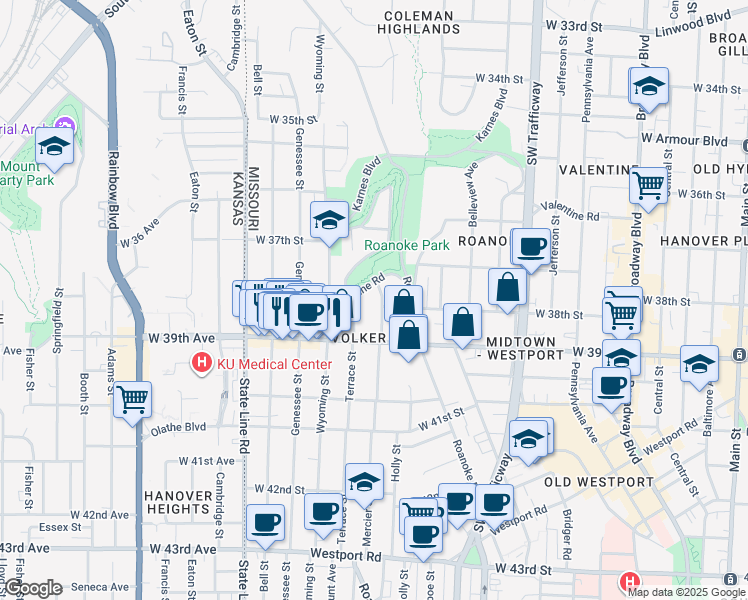 map of restaurants, bars, coffee shops, grocery stores, and more near 3766 Mercier Street in Kansas City