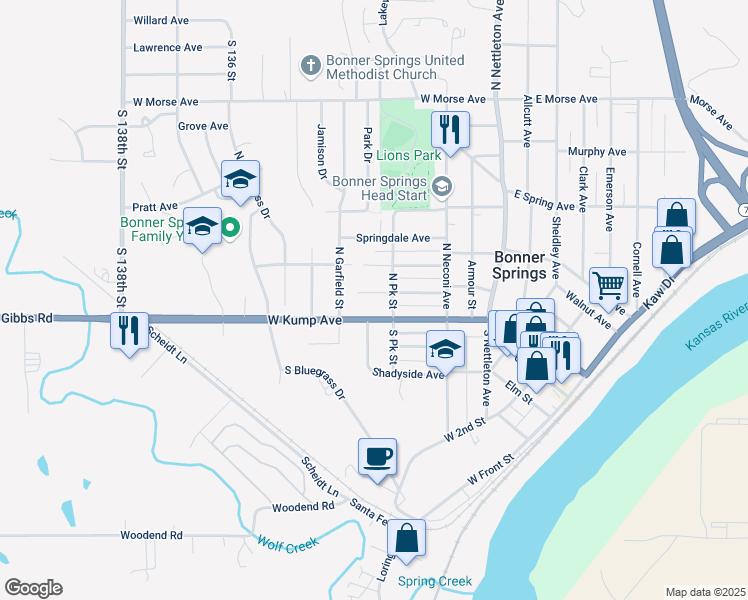 map of restaurants, bars, coffee shops, grocery stores, and more near 314 Highview Avenue in Bonner Springs