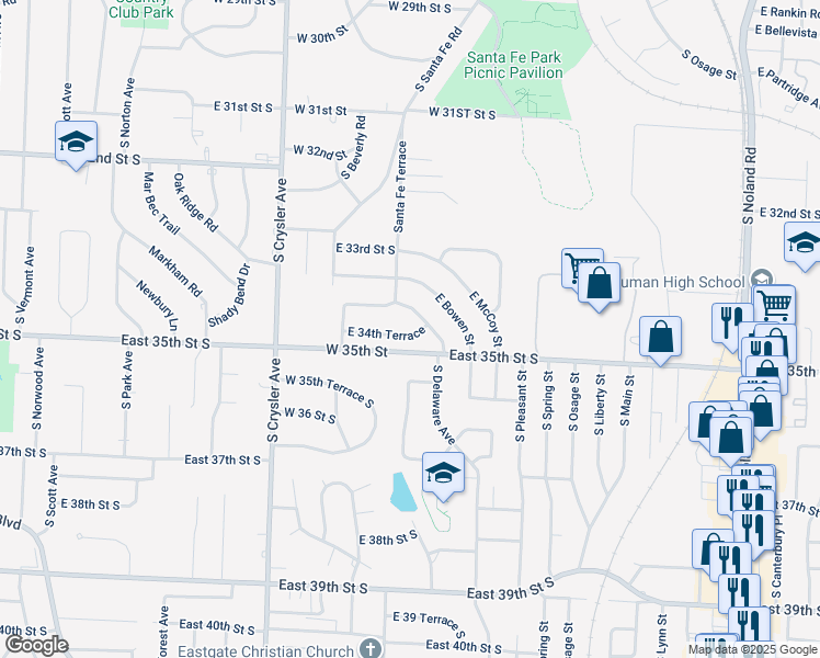 map of restaurants, bars, coffee shops, grocery stores, and more near 12606 East 34th Terrace in Independence