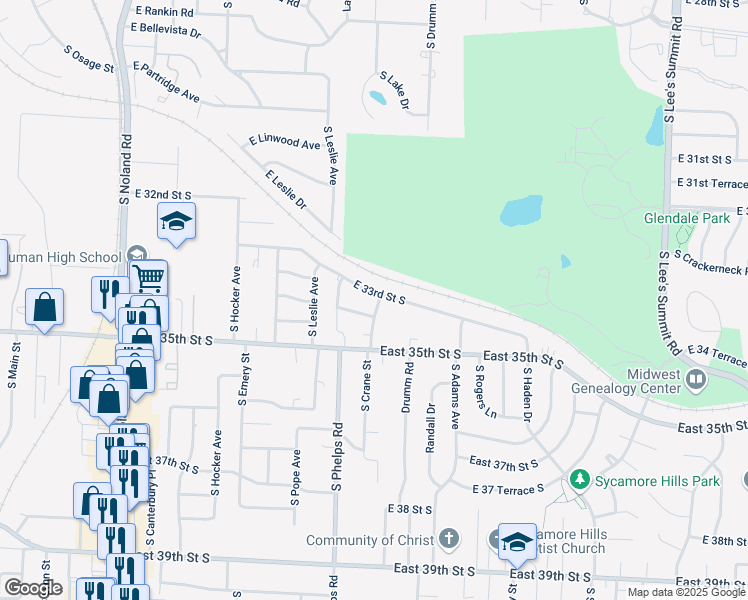 map of restaurants, bars, coffee shops, grocery stores, and more near 14909 East 33 Street South in Independence