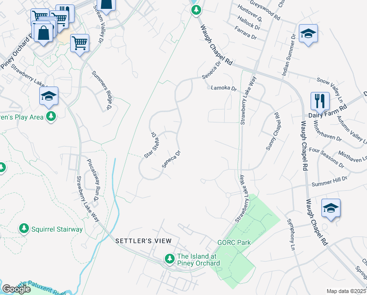 map of restaurants, bars, coffee shops, grocery stores, and more near 751 Seneca Drive in Odenton