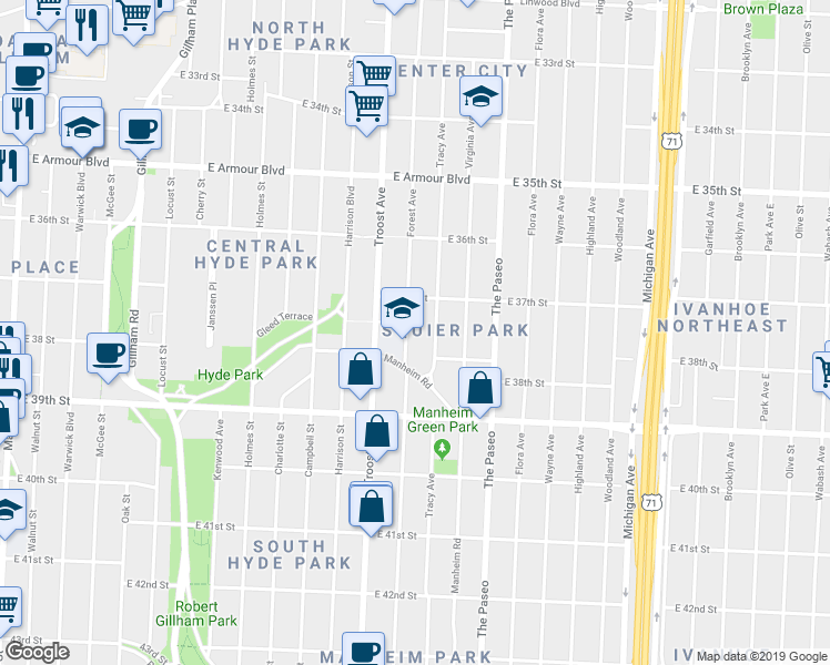 map of restaurants, bars, coffee shops, grocery stores, and more near 3727 Forest Avenue in Kansas City