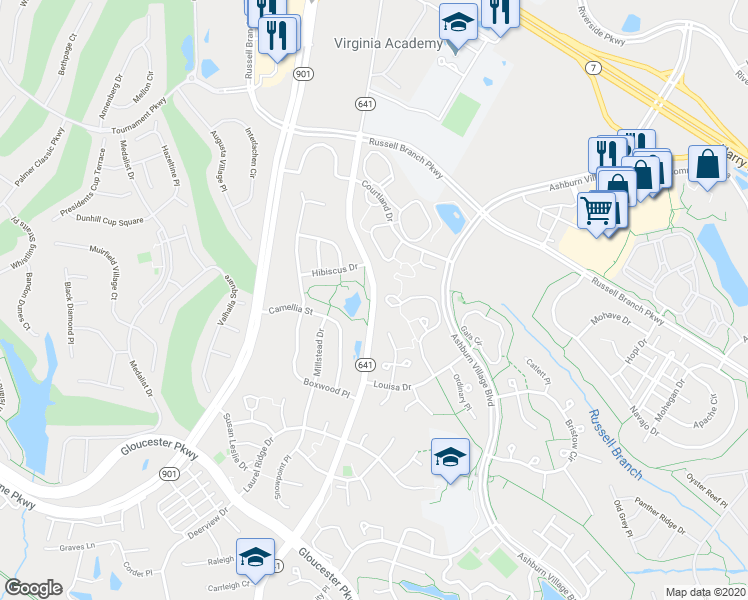 map of restaurants, bars, coffee shops, grocery stores, and more near 20146 Ashburn Road in Ashburn