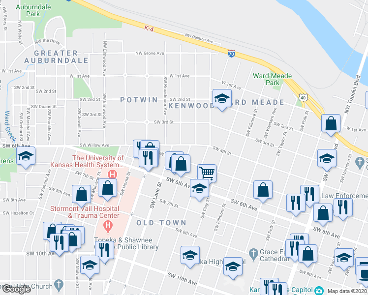 map of restaurants, bars, coffee shops, grocery stores, and more near 415 Southwest Lincoln Street in Topeka