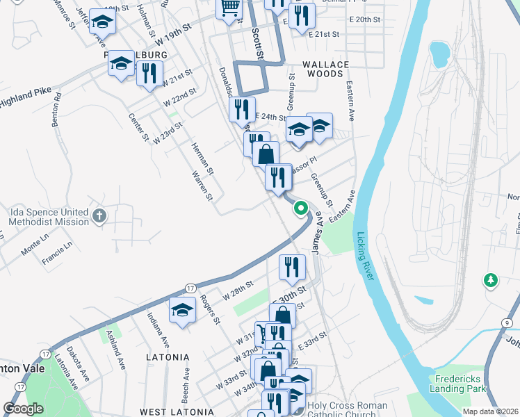 map of restaurants, bars, coffee shops, grocery stores, and more near 41 West 26th Street in Covington