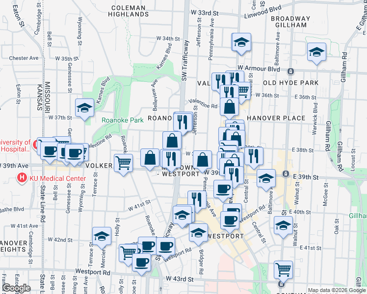 map of restaurants, bars, coffee shops, grocery stores, and more near 3727 Southwest Trafficway in Kansas City