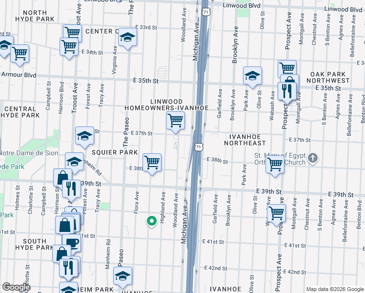 map of restaurants, bars, coffee shops, grocery stores, and more near 3726 Woodland Avenue in Kansas City