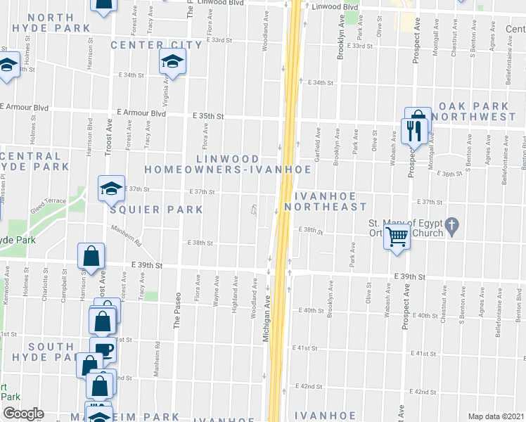 map of restaurants, bars, coffee shops, grocery stores, and more near 3721 Woodland Avenue in Independence