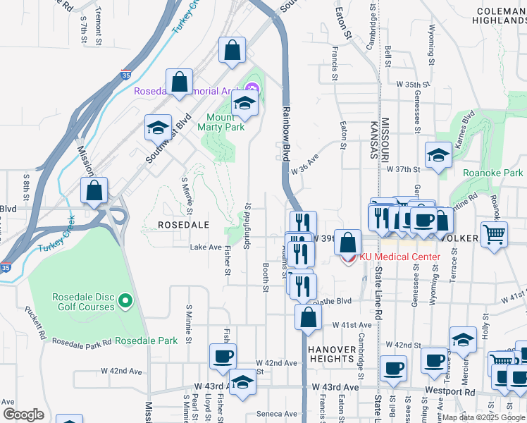 map of restaurants, bars, coffee shops, grocery stores, and more near 3805 Booth Street in Kansas City
