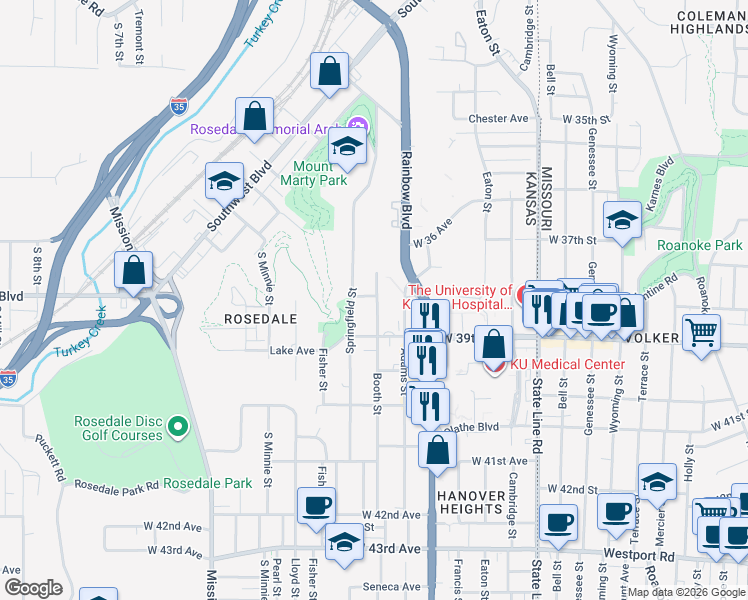 map of restaurants, bars, coffee shops, grocery stores, and more near 3808 Booth Street in Kansas City