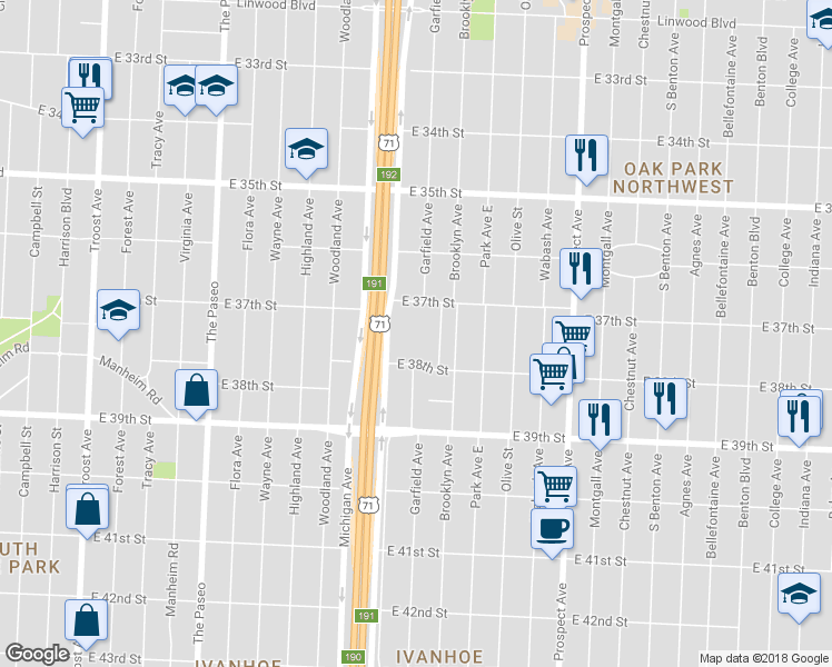 map of restaurants, bars, coffee shops, grocery stores, and more near 2000 East 38th Street in Kansas City