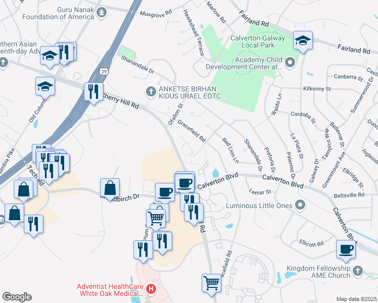 map of restaurants, bars, coffee shops, grocery stores, and more near 12356 Herrington Manor Drive in Silver Spring