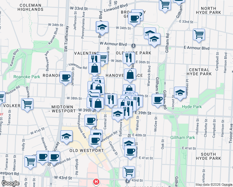 map of restaurants, bars, coffee shops, grocery stores, and more near 116 West 38th Street in Kansas City