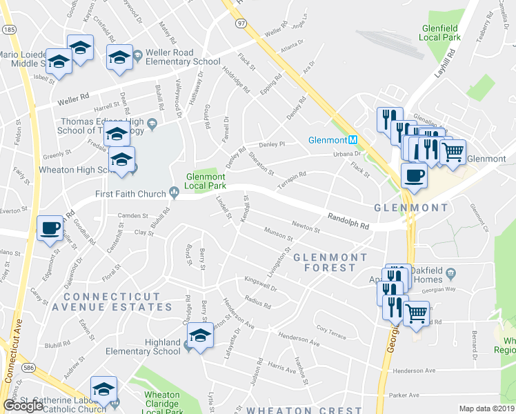 map of restaurants, bars, coffee shops, grocery stores, and more near 2815 Newton Street in Wheaton-Glenmont