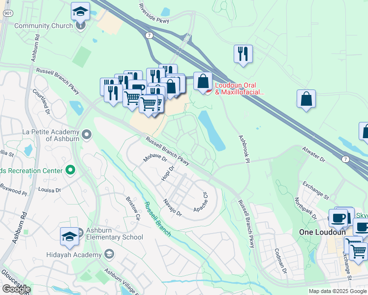 map of restaurants, bars, coffee shops, grocery stores, and more near 20155 San Joaquin Terrace in Ashburn