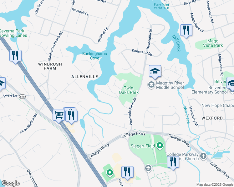 map of restaurants, bars, coffee shops, grocery stores, and more near 136 Shore Road in Arnold