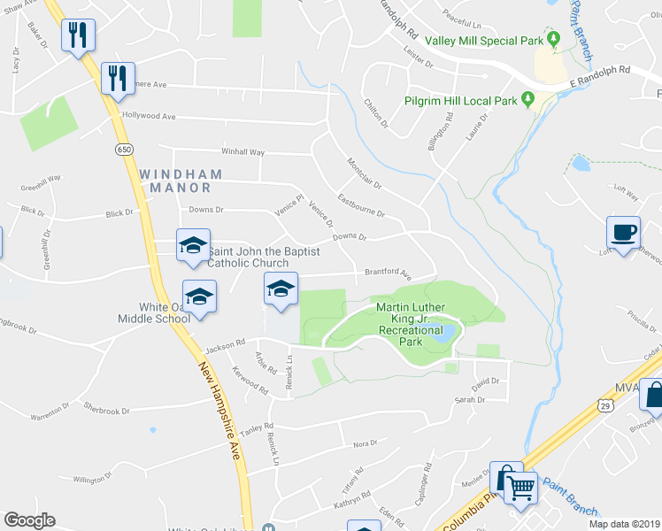 map of restaurants, bars, coffee shops, grocery stores, and more near 1108 Brantford Avenue in Silver Spring