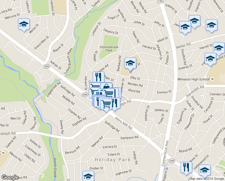 map of restaurants, bars, coffee shops, grocery stores, and more near 12302 Barbara Road in Silver Spring