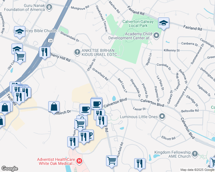 map of restaurants, bars, coffee shops, grocery stores, and more near 12300 Herrington Manor Drive in Silver Spring