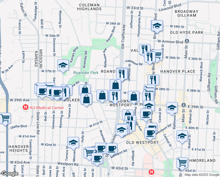 map of restaurants, bars, coffee shops, grocery stores, and more near 3735 Belleview Avenue in Kansas City