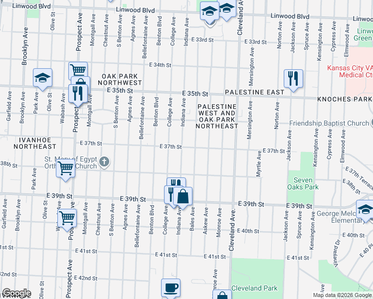 map of restaurants, bars, coffee shops, grocery stores, and more near 3704 Bales Avenue in Kansas City