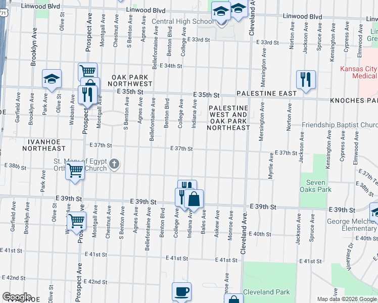 map of restaurants, bars, coffee shops, grocery stores, and more near 3703 College Avenue in Kansas City