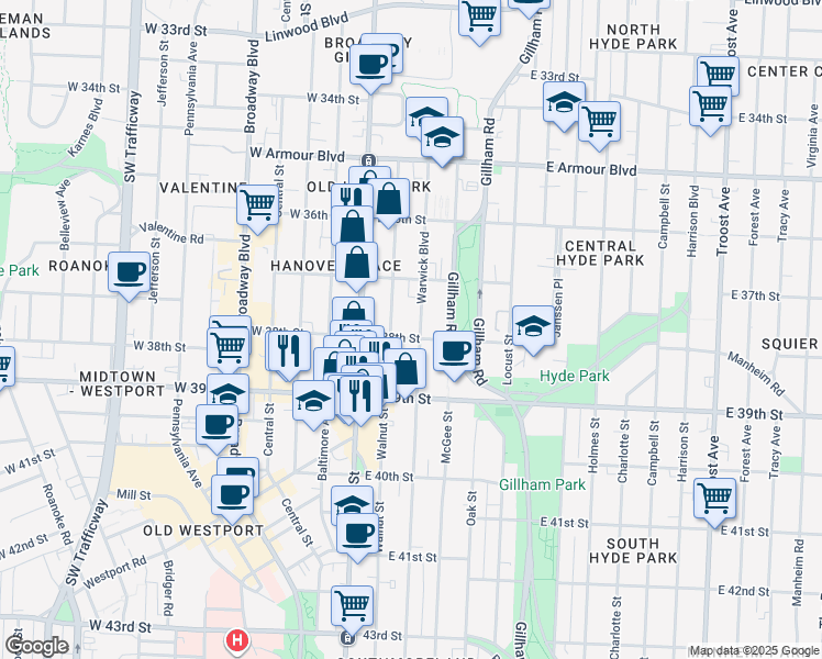 map of restaurants, bars, coffee shops, grocery stores, and more near 3740 Warwick Boulevard in Kansas City